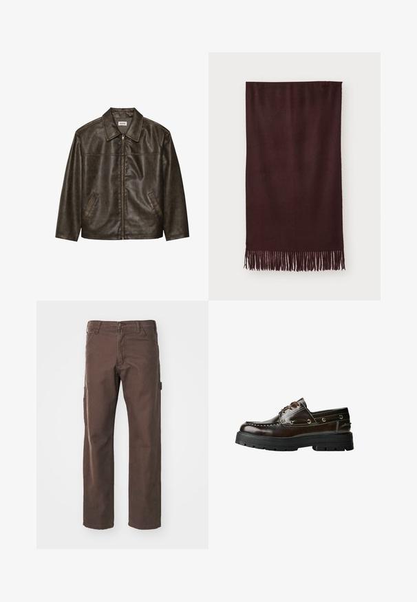 Hnědá kožená bunda s límcem, zipovým zapínáním a dvěma postranními kapsami. Hladký povrch s jemně opotřebovaným vzhledem.; Hnědý pletený bezrukávový svetr s ribbovaným kulatým výstřihem, průramky a lemem, položený na bílé pozadí.; Černé bavlněné tričko s kulatým výstřihem, krátkými rukávy a rovnými lemy. Hladká textura; jednoduchý, zdobený design.; Dickies CARPENTER PANT - Kalhoty - dark brown; Hnědé kožené lodní boty s gumovou podrážkou, včetně švových detailů, kovových ok a tkaničkového designu. Robustní, lehká konstrukce.; Bordový šál vyrobený z měkké tkaniny, s hladkou texturou a dlouhými třásněmi na okraji pro zvýšení detailu. Obdélníkový tvar, splývá rovně.