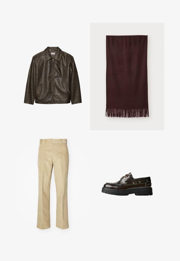 Rjav usnjeni jopič s ovratnikom, zadrgo in dvema stranskima žepoma. Gladka tekstura z rahlo obrabljenim videzom.; Bela pletena brezrokavna jopica z ribastim okroglim izrezom, izrezom za roke in robom, položena na beli podlagi.; Črna bombažna majica s krožno odprtino, kratkimi rokavi in ravnim robom. Gladka tekstura; preprost, nezakrit dizajn.; Dickies FLAT FRONT PANT - Hlače - khaki; Rjave usnjene čolnaste čevlje z gumijastim podplatom, ki imajo šive, kovinske okovje in vezalni dizajn. Debela, lahka konstrukcija.; Bordo šal iz mehkega blaga, z gladko teksturo in dolgimi resicami na robu za dodatno podrobnost. Pravokotna oblika, lepo se prilega.