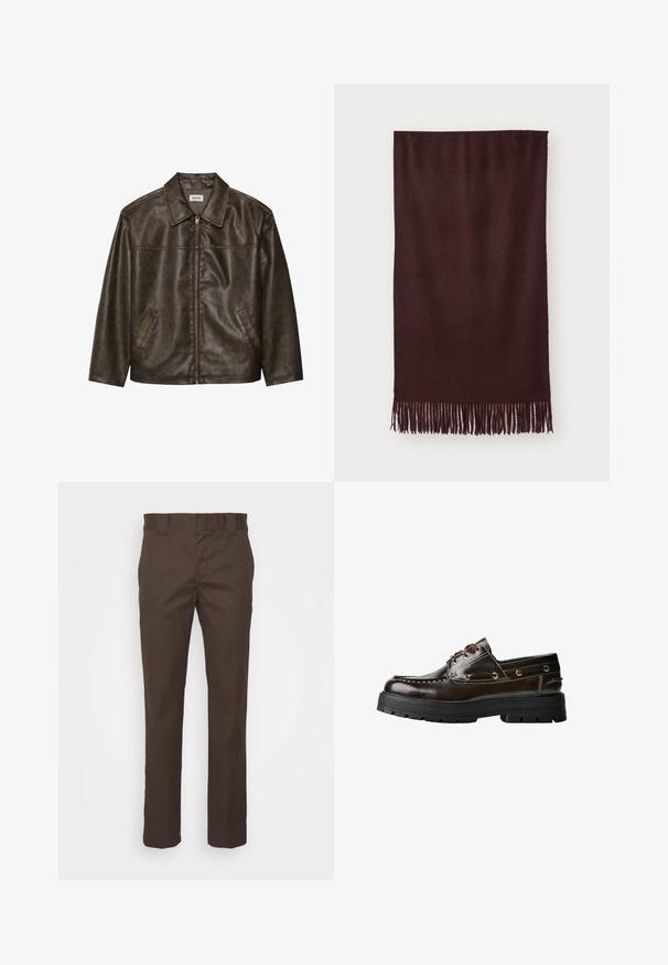 Barna bőrdzseki gallérral, cipzárral és két oldalsó zsebbel. Simaszerű textúra, enyhén kopott hatással.; Barna kötött ujjatlan pulóver, bordás kerek nyakkal, karöltőkkel és aljjal, fehér háttérre helyezve.; Fekete pamut póló kerek nyakkivágással, rövid ujjakkal és egyenes aljjal. Simaság jellemzi; egyszerű, díszítetlen dizájn.; Barna nadrág tartós anyagból, egyenes szárú kialakítással, standard derékkal és oldalsó zsebekkel a funkcionalitás érdekében.; Barna bőr csónakcipő, gumitalppal, varrási részletekkel, fém fűzőlyukakkal és fűzős kialakítással. Masszív, könnyű szerkezet.; Bordó sál, puha anyagból készült, sima textúrával és hosszú rojtokkal az alján, amelyek extra részletet adnak hozzá. Téglalap alakú, laposan omlik.