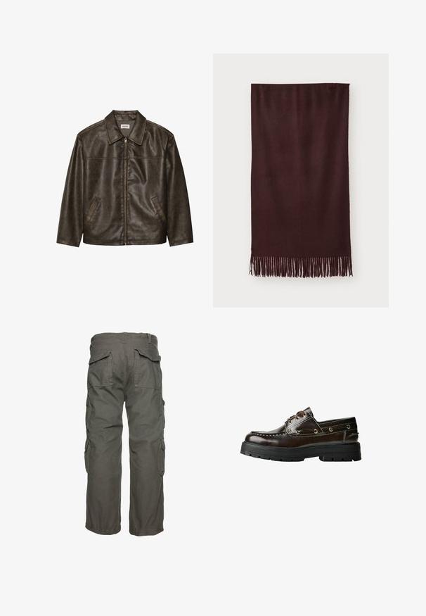 Ruskea nahkatakki, jossa on kaulus, vetoketjukiinnitys ja kaksi sivutaskua. Silkkinen pinta, jossa on hieman kulunut viimeistely.; Ruskea neulottu hihaton villatakki, jossa on ribbineuleinen pyöreä kaula-aukko, kädentiet ja helma, aseteltuna tasaisesti valkoiselle taustalle.; Musta puuvillainen T-paita, jossa on pyöreä kaula-aukko, lyhyet hihat ja suora helma. Sileä rakenne; yksinkertainen, koristelematon muotoilu.; Vihreät cargo-housut, joissa on useita sivutaskuja, rento leikkaus ja säädettävät hihnat varman istuvuuden takaamiseksi. Kestävä puuvillakangas.; Ruskea nahkainen venehepo, jossa on kumipohja, ompelu yksityiskohtia, metalliset rei'itykset ja nauhoitussuunnittelu. Raskas, mutta kevyt rakenne.; Burgundy huivi, joka on valmistettu pehmeästä kankaasta. Huivissa on sileä pinta ja pitkät hapsut reunoissa lisätyylin vuoksi. Suorakulmainen muoto, laskeutuu tasaisesti.