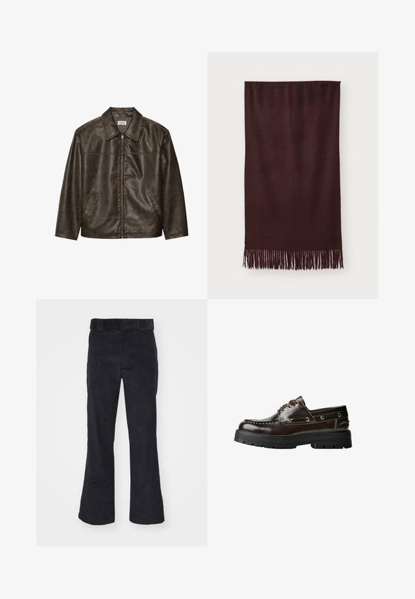 Bruine leren jas met een kraag, ritssluiting en twee zijzakken. Soepele textuur met een licht verouderde afwerking.; Bruine gebreide mouwloze sweater-vest met geribde ronde hals, armsgaten en zoom, plat gelegd op een witte achtergrond.; Zwarte katoenen T-shirt met een ronde hals, korte mouwen en een rechte zoom. Gladde textuur; eenvoudig, onafgebroken ontwerp.; Zwarte corduroy broek met een relaxed fit, voorzien van een klassieke tailleband en uitlopende pijpen, zachte textuur en geen zichtbare patronen of accenten.; Bruine leren bootshoe met een rubberen zool, voorzien van stiksels, metalen oogjes en een vetersluiting. Stevige, lichte constructie.; Bordeaux sjaal van zacht stof, met een gladde textuur en lange franjes aan de onderkant voor extra detail. Rechthoekige vorm, hangt plat.