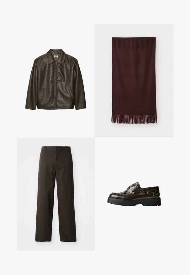 Bruine leren jas met een kraag, ritssluiting en twee zijzakken. Soepele textuur met een licht verouderde afwerking.; Bruine gebreide mouwloze sweater-vest met geribde ronde hals, armsgaten en zoom, plat gelegd op een witte achtergrond.; Zwarte katoenen T-shirt met een ronde hals, korte mouwen en een rechte zoom. Gladde textuur; eenvoudig, onafgebroken ontwerp.; Zwarte katoenen broek met een recht model, voorzien van een knoopsluiting en een klassieke tailleband. Gladde textuur, zonder patronen of accenten.; Bruine leren bootshoe met een rubberen zool, voorzien van stiksels, metalen oogjes en een vetersluiting. Stevige, lichte constructie.; Bordeaux sjaal van zacht stof, met een gladde textuur en lange franjes aan de onderkant voor extra detail. Rechthoekige vorm, hangt plat.