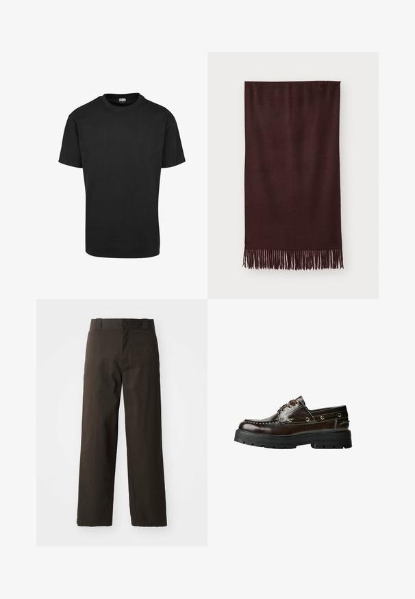 Rjav usnjeni jopič s ovratnikom, zadrgo in dvema stranskima žepoma. Gladka tekstura z rahlo obrabljenim videzom.; Bela pletena brezrokavna jopica z ribastim okroglim izrezom, izrezom za roke in robom, položena na beli podlagi.; Črna bombažna majica s krožno odprtino, kratkimi rokavi in ravnim robom. Gladka tekstura; preprost, nezakrit dizajn.; Črne bombažne hlače s ravnim krojem, opremljene z gumbom in klasičnim pasom. Gladka tekstura, brez vzorcev ali okrasnih elementov.; Rjave usnjene čolnaste čevlje z gumijastim podplatom, ki imajo šive, kovinske okovje in vezalni dizajn. Debela, lahka konstrukcija.; Bordo šal iz mehkega blaga, z gladko teksturo in dolgimi resicami na robu za dodatno podrobnost. Pravokotna oblika, lepo se prilega.