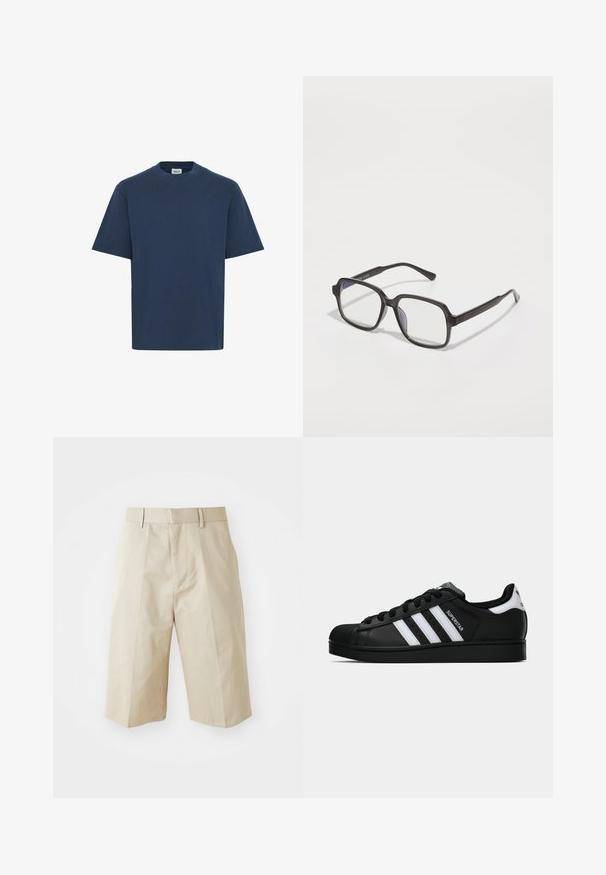 Ruskea nahkatakki, jossa on kaulus, vetoketjukiinnitys ja kaksi sivutaskua. Silkkinen pinta, jossa on hieman kulunut viimeistely.; Hihaton neuleliivi oliivinvihreänä, ribbiknittiä, pyöreä kaula-aukko, suora leikkaus ja hillitty helma-yksityiskohta. Merkin etiketti näkyy sisäpuolella.; Laivastonsininen puuvillapaita, jossa on pyöreä kaula-aukko, lyhyet hihat ja suora helma. Paidassa on pieni merkkilappu vasemmalla alhaalla.; Beige-harmoni purje shortsit, joissa on suora leikkaus, vyölenkit, laskostettu etuosa ja sileä puuvillakangas. Ei taskuja tai muita yksityiskohtia.; Musta Adidas Superstar -lenkkari, jossa on valkoiset raidat, kuorisuoja ja "Superstar"-teksti sivussa, esitetty sivuprofiilissa valkoista taustaa vasten.; Mustat suorakulmaiset silmälasit, joissa on kirkkaat linssit, litteä silta ja kapeat vartaat, esittelee sileän muovipinnan.