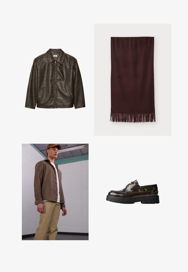 Jachetă din piele maro cu guler, închidere cu fermoar și două buzunare laterale. Textură netedă cu un finisaj ușor uzat.; Pulover maro fără mâneci din tricot, cu decolteu rotund, margini ribbrate și textură moale; eticheta indică "WEEKDAY."; Tricou din bumbac negru cu guler rotund, mâneci scurte și tiv drept. Textură netedă; design simplu, nepornit.; Cămașă cu carouri maro cu mâneci lungi, purtată cu pantaloni bej, deasupra unui tricou alb. Modelul stă într-un decor interior simplu.; Pantofii de bărbat din piele maro, cu talpă din cauciuc, prezentând detalii de cusătură, ochiuri metalice și design cu șireturi. Construcție masivă, dar ușoară.; Eșarfă bordo dintr-un material moale, cu o textură netedă și ciucuri lungi la margine pentru un plus de detaliu. Formă rectangulară, se așază plat.