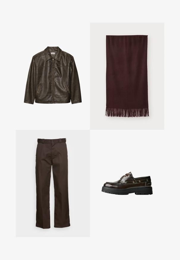Smeđi kožni jakna s ovratnikom, zatvaranjem na patentni zatvarač i dva bočna džepa. Glatka tekstura s lagano istrošenim završetkom.; Smeđi prsluk od pletenine bez rukava s okruglim izrezom, rebrastim rubovima i mekanom teksturom; etiketa glasi "WEEKDAY."; Crna pamučna majica s okruglim izrezom, kratkim rukavima i ravnim rubom. Glatka tekstura; jednostavan, neukrašen dizajn.; Smeđe hlače ravnog kroja s ravnim prednjim dijelom, petljama za pojas i glatkom teksturom. Jednostavan dizajn bez uzoraka ili naglasaka.; Smeđe kožne brodske cipele s gumiranim potplatom, s detaljima šivanja, metalnim otvorima za vezice i dizajnom na vezanje. Čvrsta, lagana konstrukcija.; Bordo šal od mekog materijala, s glatkom teksturom i dugim resicama na rubu za dodatne detalje. Pravokutnog oblika, lijepo pada.
