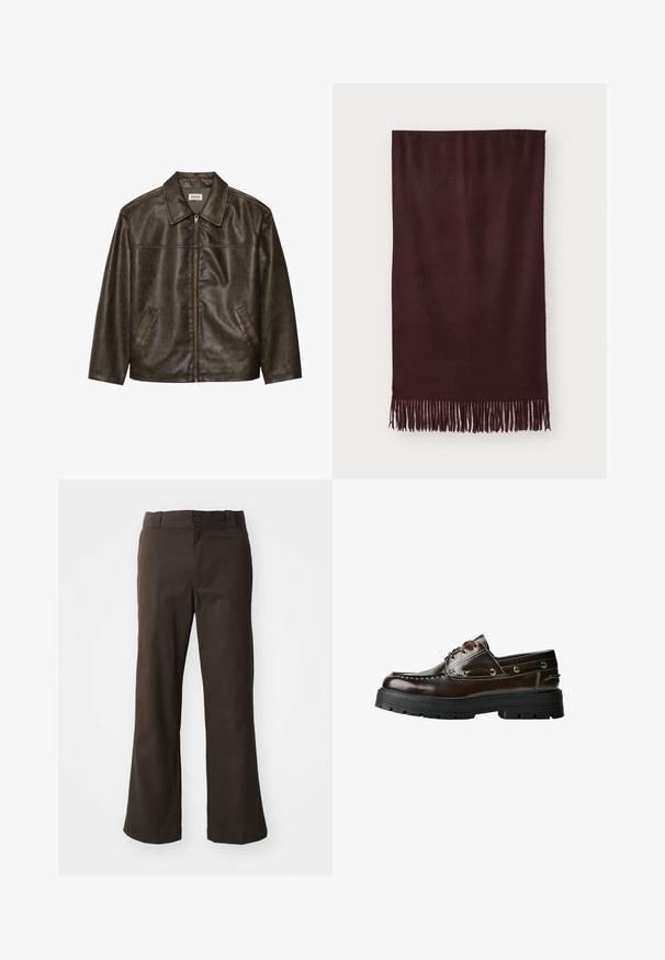 Rjav usnjeni jopič s ovratnikom, zadrgo in dvema stranskima žepoma. Gladka tekstura z rahlo obrabljenim videzom.; Rjavi brezrokavnik iz pletenine z okroglim izrezom, rebrastimi robovi in mehko teksturo; etiketa pravi "WEEKDAY."; Črna bombažna majica s krožno odprtino, kratkimi rokavi in ravnim robom. Gladka tekstura; preprost, nezakrit dizajn.; Nošeni rjavi hlače na zvon, s gladko teksturo, z zapiranjem na gumb spredaj in žepi na straneh. Enostaven in raven dizajn.; Rjave usnjene čolnaste čevlje z gumijastim podplatom, ki imajo šive, kovinske okovje in vezalni dizajn. Debela, lahka konstrukcija.; Bordo šal iz mehkega blaga, z gladko teksturo in dolgimi resicami na robu za dodatno podrobnost. Pravokotna oblika, lepo se prilega.