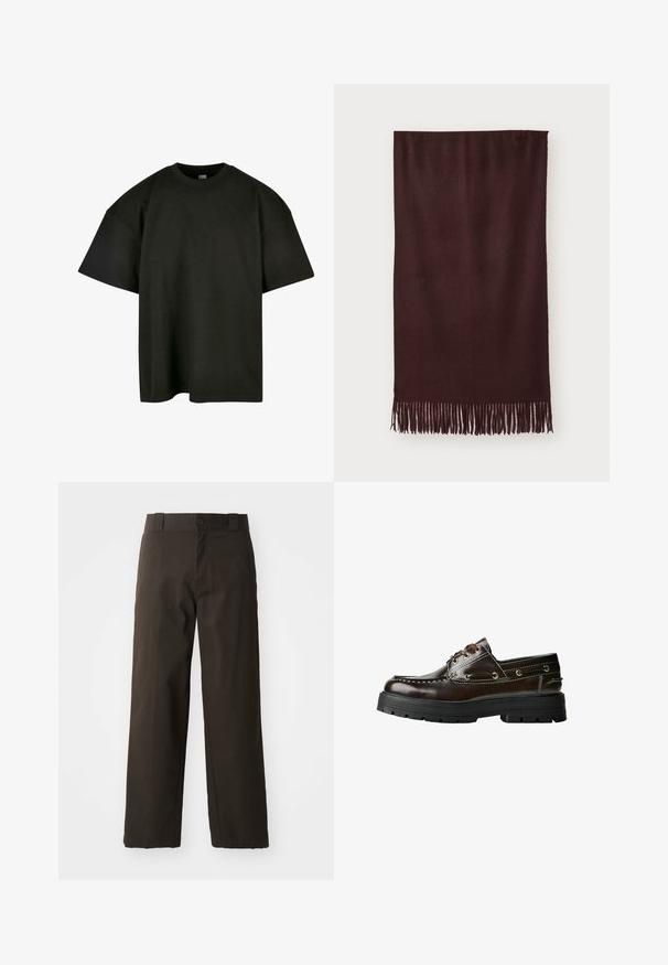 Rjav usnjeni jopič s ovratnikom, zadrgo in dvema stranskima žepoma. Gladka tekstura z rahlo obrabljenim videzom.; Rjavi brezrokavnik iz pletenine z okroglim izrezom, rebrastimi robovi in mehko teksturo; etiketa pravi "WEEKDAY."; Črna oversize majica iz mehkega bombaža. Ima okroglo ovratnico in kratke rokave, z gladko teksturo in minimalističnim dizajnom.; Črne bombažne hlače s ravnim krojem, opremljene z gumbom in klasičnim pasom. Gladka tekstura, brez vzorcev ali okrasnih elementov.; Rjave usnjene čolnaste čevlje z gumijastim podplatom, ki imajo šive, kovinske okovje in vezalni dizajn. Debela, lahka konstrukcija.; Bordo šal iz mehkega blaga, z gladko teksturo in dolgimi resicami na robu za dodatno podrobnost. Pravokotna oblika, lepo se prilega.