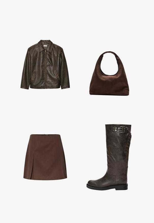 Brązowa skórzana kurtka z kołnierzem, zapinana na zamek, z dwiema bocznymi kieszeniami. Gładka tekstura z lekko postarzanym wykończeniem.; Sweter z długim rękawem, prążkowany, w bordowe i kremowe poziome paski, z okrągłym dekoltem i dopasowanym krojem, oferujący teksturowany wygląd.; Brąskowa spódnica w kształcie litery A, wykonana z teksturowanej tkaniny, z pojedynczym fałdą z przodu i zapięciem na guzik z tyłu.; Brązowy skórzany botek do kolan o teksturowanym wykończeniu, z klamrą i zapięciem na napy po boku oraz płaską gumową podeszwą.; Miękka, brązowa torebka w stylu hobo z jedną szeroką rączką i wyprofilowanym otwarciem, wyeksponowana na białym tle.
