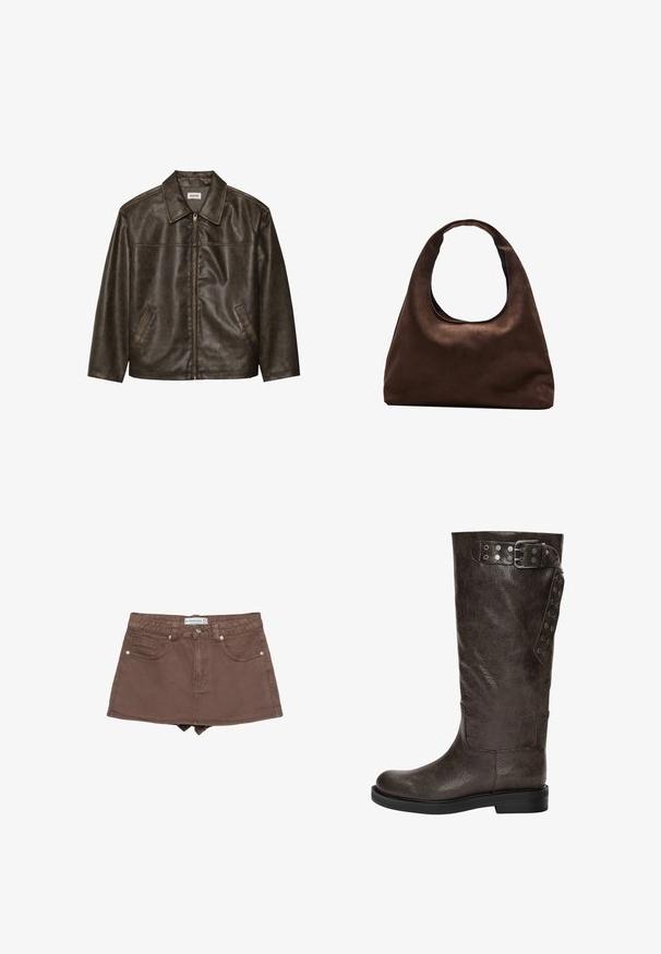 Brun læderjakke med krave, lynlås lukning og to sidelommer. Glat tekstur med en let slidt finish.; Langærmet ribbet sweater med maroon og creme horisontale striber, rund halsudskæring og tætsiddende design, der giver et struktureret udseende.; Brun denim mini-skovl med tætsiddende talje, fem-lomme design, frontknaplukning og en kantlinje lige over midten af låret.; Brune læderknæhøje støvler med en struktureret finish, der har en spændedetalje og trykknapaccents på siden, samt en flad gummisål.; Blød brun hobo-stil håndtaske med en enkelt bred strop og en buet åbning på toppen, vist på en hvid baggrund.