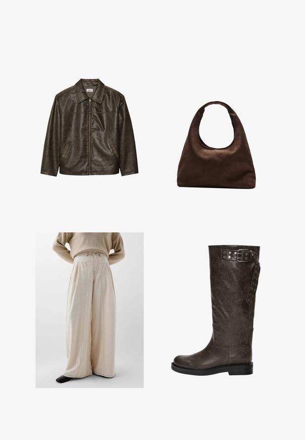 Hnědá kožená bunda s límcem, zipovým zapínáním a dvěma postranními kapsami. Hladký povrch s jemně opotřebovaným vzhledem.; Dlouhý rukáv žebrovaný svetr s bordó a krémovými vodorovnými pruhy, kulatým výstřihem a přiléhavým střihem, který nabízí texturovaný vzhled.; Béžové kalhoty s širokými nohavicemi vyrobené z texturované tkaniny, s vysokým pasem, předními sklady a viditelnými švy.; Hnědé kožené vysoké boty k kolenům s texturovaným povrchem, se sponou a cvočkovými detaily na boku, a plochou gumovou podrážkou.; Měkká hnědá kabelka ve stylu hobo s jedním širokým popruhem a zakřiveným horním otvorem, vystavená na bílém pozadí.