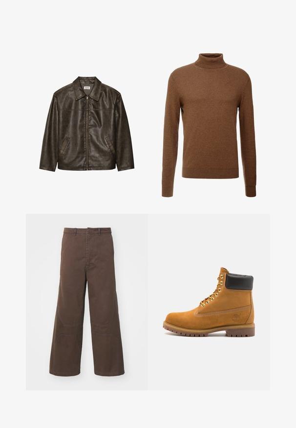 Braune Lederjacke mit Kragen, Reißverschluss und zwei Seitentaschen. Glatte Textur mit einem leicht abgenutzten Finish.; Brauner Rollkragenpullover aus weichem Stoff, mit langen Ärmeln, gerippten Bündchen und tailliertem Schnitt ohne sichtbare Muster.; Braune weite Hosen aus strapazierfähiger Baumwolle. Mit vorderen aufgesetzten Taschen und verstärkten Kniedetails für zusätzlichen Komfort.; Beige Wildleder-Ankle-Boot mit schwarzem gepolstertem Kragen, goldenen Metallösen, weißen Nähdetalben und einer robusten Gummisohle mit ausgeprägtem Profil.