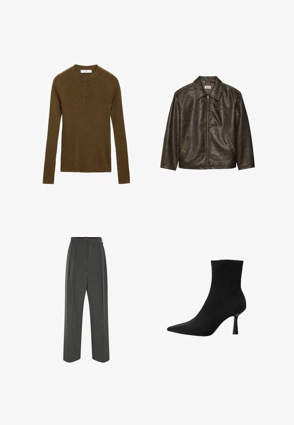 Rjav usnjeni jopič s ovratnikom, zadrgo in dvema stranskima žepoma. Gladka tekstura z rahlo obrabljenim videzom.; Mango Pulover - khaki; Sive prirejene hlače z visokim pasom, z naborki, širokih hlačnic in gladko teksturo. Zaprte z diskretnim zadrgo.; Črne gležnjarje iz gladkega materiala, z ostrim nosom in ozkim peto v obliki špice, brez vidnih strojnih delov in z brezšivno zasnovo.