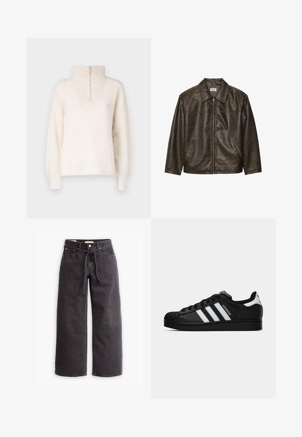 Braune Lederjacke mit Kragen, Reißverschluss und zwei Seitentaschen. Glatte Textur mit einem leicht abgenutzten Finish.; JDY INGEBORG LIFE - Strickpullover - pumice stone; Schwarze, weit geschnittene Jeans aus Denim mit einem Zugbandbund, fünf Taschen und kontrastierenden Nahtdetails. Flacher Frontschnitt.; Schwarzer Adidas Superstar Sneaker mit weißen Streifen, Schalenzehen und "Superstar"-Schriftzug an der Seite, im Seitenprofil auf weißem Hintergrund dargestellt.