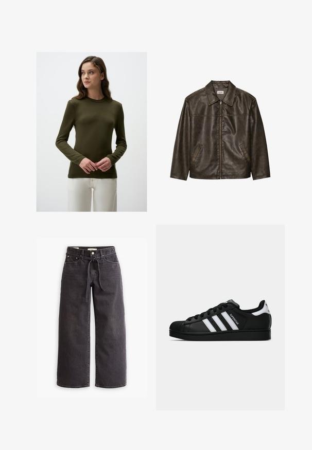 Bruine leren jas met een kraag, ritssluiting en twee zijzakken. Soepele textuur met een licht verouderde afwerking.; Olijfgroen, langemouwen trui met een geribbelde ronde hals en een gestructureerd oppervlak. Draagt over witte broeken, wat de getailleerde silhouet benadrukt.; Zwarte wijde denim jeans met een trekkoord in de taille, vijf zakken en contrasterende stiksels. Platte voorkant.; Zwarte Adidas Superstar sneaker met witte strepen, schelpneus en 'Superstar' tekst aan de zijkant, afgebeeld in zijaanzicht op een witte achtergrond.