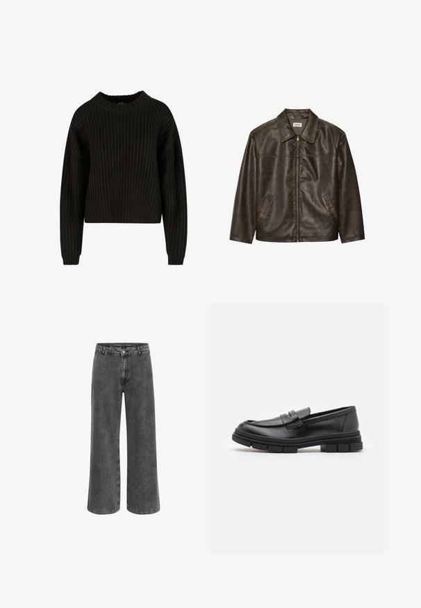 Giacca in pelle marrone con colletto, chiusura a zip e due tasche laterali. Texture liscia con una finitura leggermente invecchiata.; Maglione nero a maglia con una texture a coste, scollo rotondo e maniche lunghe. Design corto con vestibilità ampia. Senza motivi visibili o elementi in metallo.; Pantaloni a gamba larga in denim nero sbiadito, con chiusura a bottoni classica, design a cinque tasche e una finitura leggermente testurizzata.; Mocassini in pelle nera con finitura liscia, dotati di un dettaglio di cinturino anteriore e di una suola in gomma spessa con accenti scanalati.