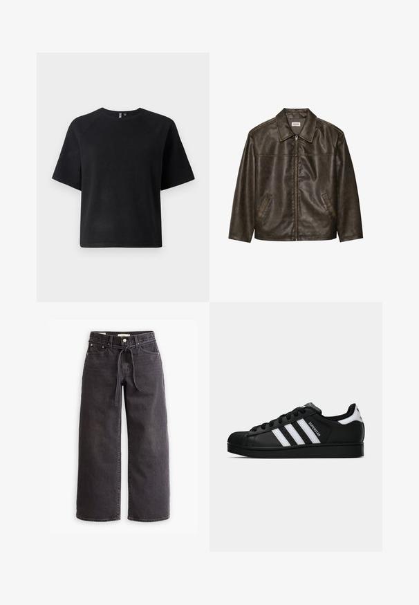 Jaqueta de couro castanho com colarinho, fecho com zíper e dois bolsos laterais. Textura suave com um acabamento ligeiramente desgastado.; Camiseta preta de manga curta feita de um tecido suave, com um clássico decote redondo e um corte relaxado com mangas raglan.; Jenas largas pretas, feitas de denim, com um cordão na cintura, cinco bolsos e detalhes de costura em contraste. Design de frente plana.; Sapatilha Adidas Superstar preta com riscas brancas, biqueira em concha e texto "Superstar" na lateral, apresentada em perfil lateral sobre fundo branco.