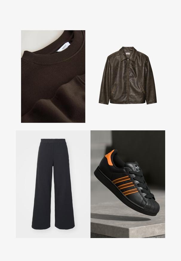 Braune Lederjacke mit Kragen, Reißverschluss und zwei Seitentaschen. Glatte Textur mit einem leicht abgenutzten Finish.; Brauner Pullover mit rundem, geripptem Halsausschnitt und gerippten Bündchen. Weiche Textur mit glatter Oberfläche und sichtbaren Nähdetails. Markenlabel abgebildet.; Schwarze weite Sweatpants aus weichem Material, mit einem elastischen Taillenbund und einem kleinen Logo auf der linken Seite.; Schwarze Sneaker mit orangen Akzenten, drei horizontalen Streifen, strukturiertem Lederobermaterial, Gummikappe und schwarzen Schnürsenkeln.