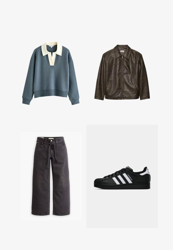 Braune Lederjacke mit Kragen, Reißverschluss und zwei Seitentaschen. Glatte Textur mit einem leicht abgenutzten Finish.; Langärmliger blauer Pullover mit breitem cremefarbenem Kragen und V-Ausschnitt, mit gerippten Bündchen und Saum, aus Strickstoff.; Schwarze, weit geschnittene Jeans aus Denim mit einem Zugbandbund, fünf Taschen und kontrastierenden Nahtdetails. Flacher Frontschnitt.; Schwarzer Adidas Superstar Sneaker mit weißen Streifen, Schalenzehen und "Superstar"-Schriftzug an der Seite, im Seitenprofil auf weißem Hintergrund dargestellt.