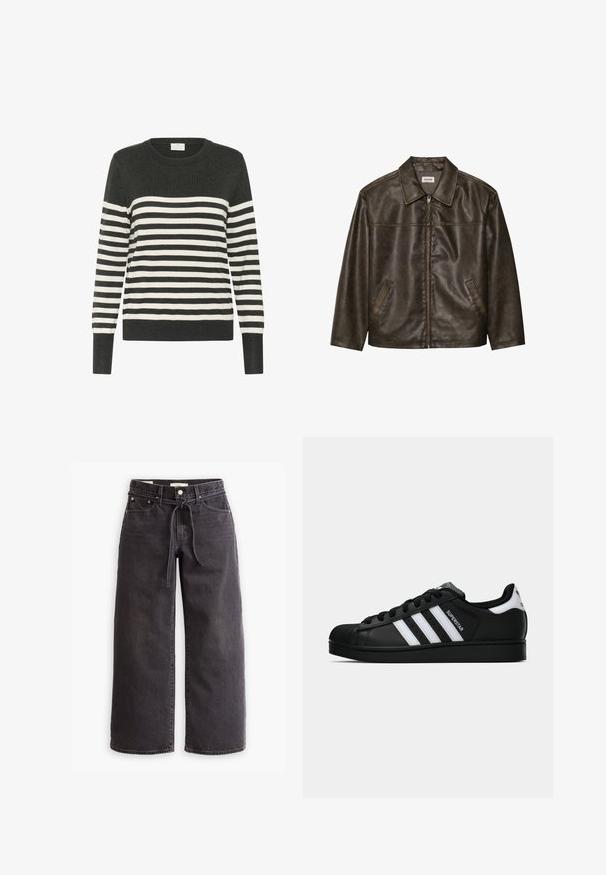 Chaqueta de cuero marrón con cuello, cierre de cremallera y dos bolsillos laterales. Textura suave con un acabado ligeramente desgastado.; Suéter a rayas en gris oscuro y blanco, de cuello redondo, de manga larga, con rayas horizontales y puños y dobladillo acanalados. Material de punto suave.; Pantalones de mezclilla de pierna ancha negra, con cintura ajustable por cordón, cinco bolsillos y detalles de costura en contraste. Diseño frontal plano.; Zapatilla negra Adidas Superstar con rayas blancas, punta de concha y texto "Superstar" en el lateral, mostrada en perfil lateral sobre un fondo blanco.