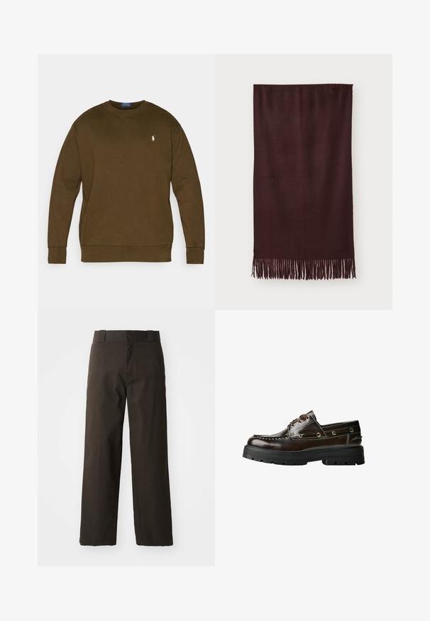 Brązowa skórzana kurtka z kołnierzem, zapinana na zamek, z dwiema bocznymi kieszeniami. Gładka tekstura z lekko postarzanym wykończeniem.; Polo Ralph Lauren Big & Tall - Bluza; Czarna bawełniana koszulka z okrągłym dekoltem, krótkimi rękawami i prostym dołem. Gładka faktura; prosty, nieozdobiony design.; Czarne bawełniane spodnie o prostym kroju, z zapięciem na guzik i klasycznym paskiem. Gładka tekstura, bez wzorów lub akcentów.; Brązowe skórzane buty żeglarskie z gumową podeszwą, z detalami w postaci przeszyć, metalowymi oczkami oraz sznurowanym designem. Masywna, lekka konstrukcja.; Bordowy szalik wykonany z miękkiego materiału, o gładkiej teksturze i długich frędzlach na dole dla dodatkowego akcentu. Prostokątny kształt, układa się płasko.