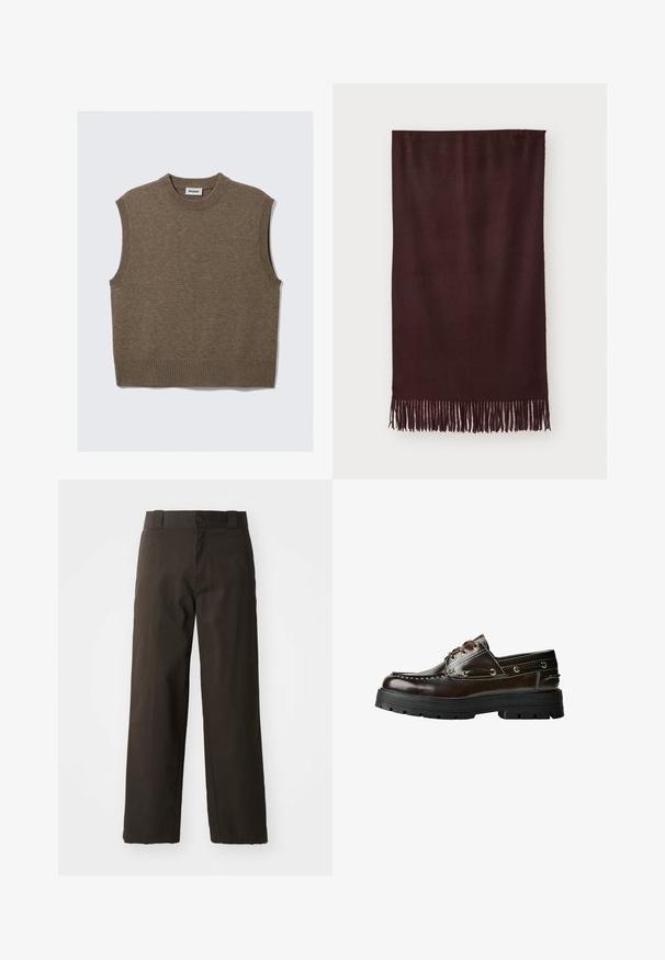 Bruine leren jas met een kraag, ritssluiting en twee zijzakken. Soepele textuur met een licht verouderde afwerking.; Bruine gebreide mouwloze sweater-vest met geribde ronde hals, armsgaten en zoom, plat gelegd op een witte achtergrond.; Zwarte katoenen T-shirt met een ronde hals, korte mouwen en een rechte zoom. Gladde textuur; eenvoudig, onafgebroken ontwerp.; Zwarte katoenen broek met een recht model, voorzien van een knoopsluiting en een klassieke tailleband. Gladde textuur, zonder patronen of accenten.; Bruine leren bootshoe met een rubberen zool, voorzien van stiksels, metalen oogjes en een vetersluiting. Stevige, lichte constructie.; Bordeaux sjaal van zacht stof, met een gladde textuur en lange franjes aan de onderkant voor extra detail. Rechthoekige vorm, hangt plat.