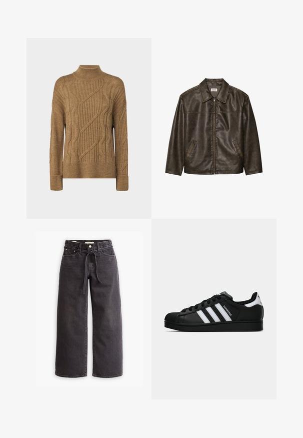 Braune Lederjacke mit Kragen, Reißverschluss und zwei Seitentaschen. Glatte Textur mit einem leicht abgenutzten Finish.; ONLY ONLLEISE LOOSE HIGHNECK - Strickpullover - tannin melange; Schwarze, weit geschnittene Jeans aus Denim mit einem Zugbandbund, fünf Taschen und kontrastierenden Nahtdetails. Flacher Frontschnitt.; Schwarzer Adidas Superstar Sneaker mit weißen Streifen, Schalenzehen und "Superstar"-Schriftzug an der Seite, im Seitenprofil auf weißem Hintergrund dargestellt.