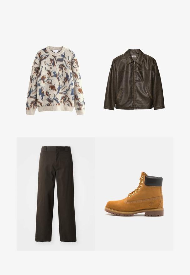 Rjav usnjeni jopič s ovratnikom, zadrgo in dvema stranskima žepoma. Gladka tekstura z rahlo obrabljenim videzom.; Kremni pulover z abstraktnim cvetličnim vzorcem v modri in rjavi barvi, z rebrastim okroglim ovratnikom in dolgimi rokavi. Mehka tekstura.; Črne bombažne hlače s ravnim krojem, opremljene z gumbom in klasičnim pasom. Gladka tekstura, brez vzorcev ali okrasnih elementov.; Svetlo rjave anklne čizme iz semiša z črnim oblazinjenim ovratnikom, zlatimi kovinskimi očesci, belimi šivi in robustnim gumijastim podplatom s izrazitimi tredi.