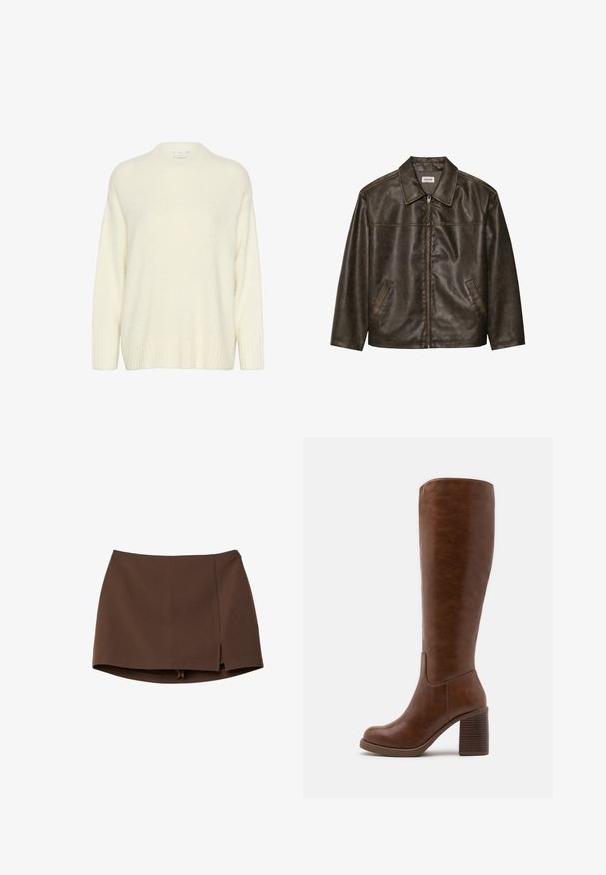 Hnedá kožená bunda s golierom, zipsom a dvoma bočnými vreckami. Hladká štruktúra s mierne opotrebovaným povrchom.; Krémový sveter vyrobený z mäkkého, nadýchaného materiálu. Má okrúhly výstrih, dlhé rukávy a pruhované manžety a spodný lem pre pridanú textúru.; Hnedá mini sukňa z hladkého materiálu s predným rozparkom, čistými líniami a štruktúrovaným strihom. Bez vreciek a výrazných kovových detailov.; Hnedé čižmy po kolená vyrobené z hladkej syntetickej kože, s okrúhlou špičkou, blokovým podpätkom s vertikálnymi drážkami a minimalistickým dizajnom.
