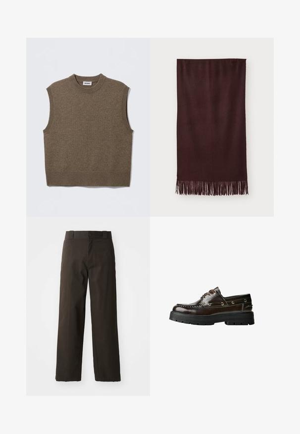 Hnedá kožená bunda s golierom, zipsom a dvoma bočnými vreckami. Hladká štruktúra s mierne opotrebovaným povrchom.; Hnedý pletený sveter bez rukávov s okrúhlym výstrihom, rebrovanými okrajmi a jemnou textúrou; štítok nesie nápis "WEEKDAY."; Čierne bavlnené tričko s výstrihom do okrúhla, krátkymi rukávmi a rovný lem. Hladká textura; jednoduchý, nezdobený dizajn.; Čierne bavlnené nohavice s rovnými nohavicami, so zapínaním na gombík a klasickým pásom. Hladká štruktúra, bez vzorov alebo detailov.; Hnedé kožené lodičky s gumovou podrážkou, s vystúžením, kovovými očkami a dizajnom na šnurovanie. Robustná, ľahká konštrukcia.; Bordový šál vyrobený z mäkkej látky, s hladkou textúrou a dlhými třásňami na leme pre dodatočný detail. Obdĺžnikový tvar, leží plochý.