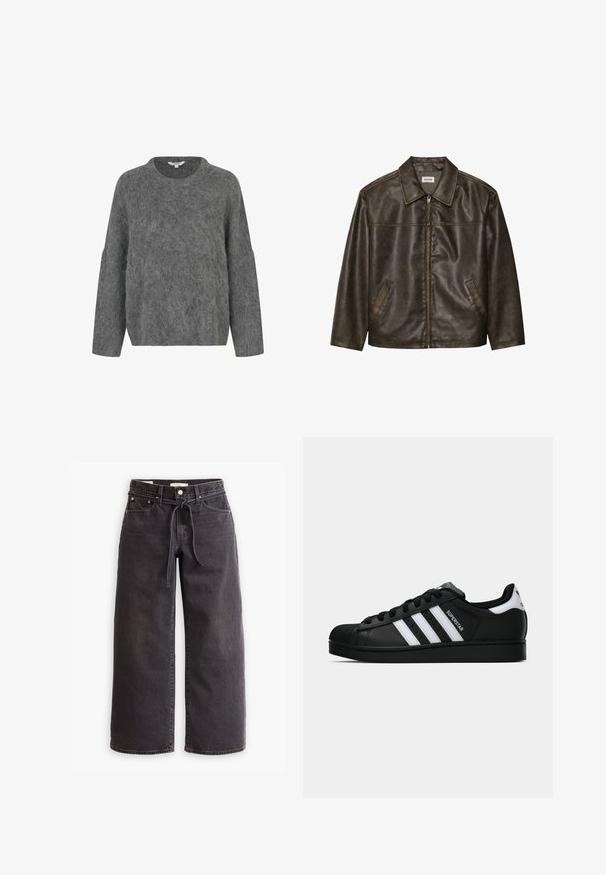 Brun läderjacka med krage, dragkedja och två sidofickor. Slät textur med en något sliten finish.; mbyM GILLIS-M - Stickad tröja - dark grey melange; Svarta vida jeans gjorda av denim, med dragsko i midjan, fem fickor och kontrasterande sömnadsdetaljer. Platt framsidan design.; Svart Adidas Superstar sneaker med vita ränder, sula i skalform och "Superstar" text på sidan, visad i sidoprofil mot vit bakgrund.