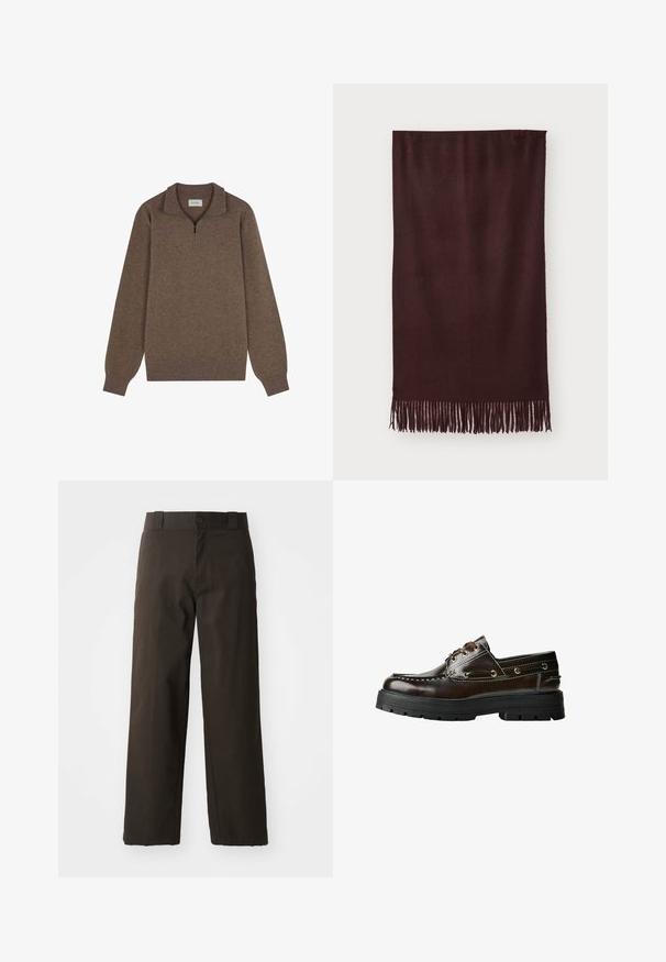 Brown leather jacket with a collar, zip closure, and two side pockets. Smooth texture with a slightly distressed finish.; Brown pullover sweater featuring a quarter zip collar, long sleeves, ribbed cuffs and hem, made from soft, textured fabric.; Black cotton T-shirt with a crew neckline, short sleeves, and a straight hem. Smooth texture; simple, unadorned design.; Black cotton trousers with a straight-leg design, featuring a button closure and a classic waistband. Smooth texture, no patterns or accents.; Brown leather boat shoe with a rubber sole, featuring stitching details, metal eyelets, and lace-up design. Chunky, lightweight construction.; Maroon scarf made of soft fabric, featuring a smooth texture and long fringes at the hem for added detail. Rectangular shape, drapes flat.