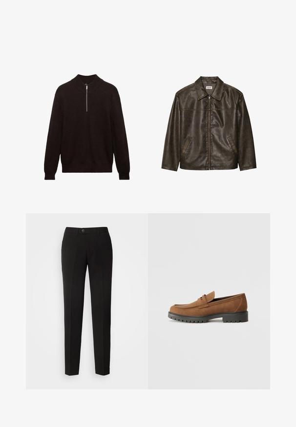 Hnedá kožená bunda s golierom, zipsom a dvoma bočnými vreckami. Hladká štruktúra s mierne opotrebovaným povrchom.; Tmavo hnedý pletený sveter s vysokým golierom, štvrťzipom vpredu a ribbovanou textúrou. Má dlhé rukávy a uvoľnený strih.; Čierne nohavice s rovnými nohavicami vyrobené z hladkej tkaniny, s gombíkovým zapínaním a bočnými vreckami v klasickom dizajne.; Hnedé semišové loafers so zaoblenou špičkou a nízkou čiernou gumovou podrážkou, s dekoračným pásikom a šitými detailmi na hornej časti.