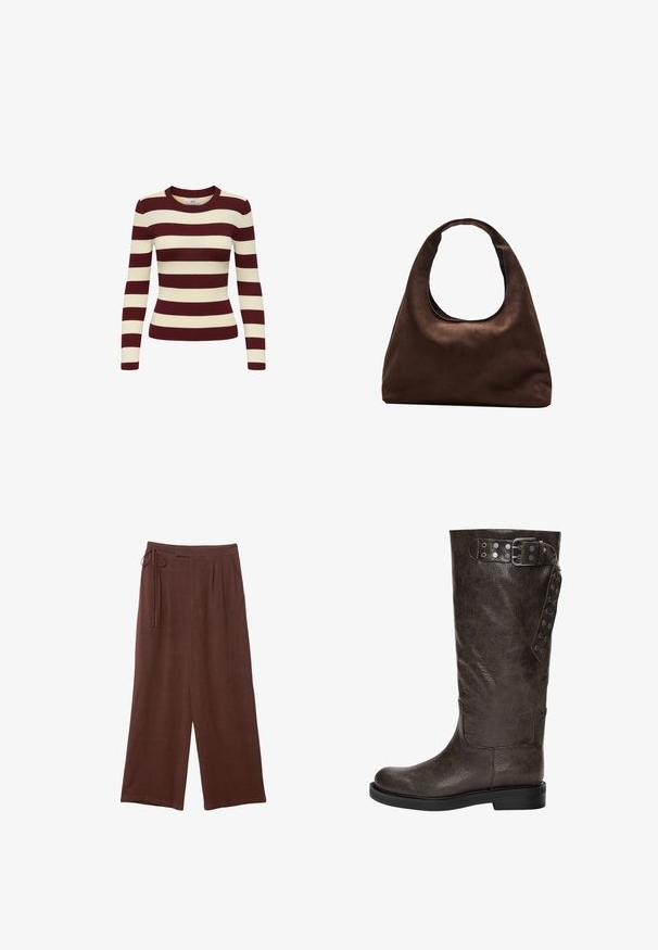 Giacca in pelle marrone con colletto, chiusura a zip e due tasche laterali. Texture liscia con una finitura leggermente invecchiata.; Maglione a maniche lunghe a coste con strisce orizzontali bordeaux e crema, scollatura tonda e design aderente, che offre un aspetto testurizzato.; Pantaloni larghi marroni con vita regolabile, caratterizzati da pieghe e una texture morbida, realizzati in tessuto leggero.; Stivale in pelle marrone fino al ginocchio con una finitura texturizzata, dotato di una fibbia e di dettagli a scatto laterali, e una suola di gomma piatta.; Borsa hobo di un morbido marrone con una sola tracolla larga e un'apertura a manico curvo, esposta su uno sfondo bianco.