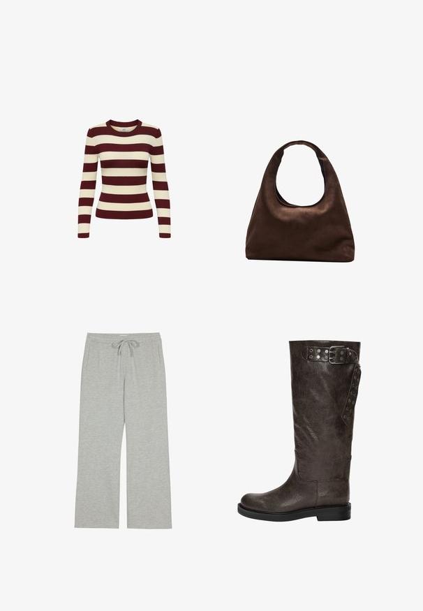 Giacca in pelle marrone con colletto, chiusura a zip e due tasche laterali. Texture liscia con una finitura leggermente invecchiata.; Maglione a maniche lunghe a coste con strisce orizzontali bordeaux e crema, scollatura tonda e design aderente, che offre un aspetto testurizzato.; Pantaloni tuta grigi chiari realizzati in un morbido tessuto testurizzato, con cintura regolabile e tasche laterali; vestibilità ampia e rilassata.; Stivale in pelle marrone fino al ginocchio con una finitura texturizzata, dotato di una fibbia e di dettagli a scatto laterali, e una suola di gomma piatta.; Borsa hobo di un morbido marrone con una sola tracolla larga e un'apertura a manico curvo, esposta su uno sfondo bianco.