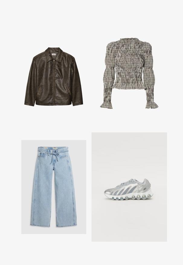 Jaqueta de couro castanho com colarinho, fecho com zíper e dois bolsos laterais. Textura suave com um acabamento ligeiramente desgastado.; Blusa com pregas apresentando um padrão xadrez em preto, branco e bege. Decote e punhos franzidos, mangas longas, ajuste cropped.; Jeans de perna larga numa tonalidade azul clara, feitos de denim, com cintura ajustável por cordão, dois bolsos frontais e detalhes de costura visíveis ao longo das costuras.; Sapatilha atlética prateada e cinza com parte superior em malha, design curvo e sola arredondada única com elementos de amortecimento transparentes.