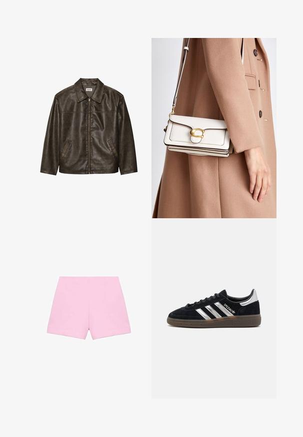 Brązowa skórzana kurtka z kołnierzem, zapinana na zamek, z dwiema bocznymi kieszeniami. Gładka tekstura z lekko postarzanym wykończeniem.; Biała koszula zapinana na guziki z ostro zakończonym kołnierzykiem, długimi rękawami i małym niebieskim logo na lewej stronie klatki piersiowej. Wykonana z bawełnianej tkaniny.; Różowe spersonalizowane szorty o gładkiej fakturze, charakteryzujące się zorganizowanym krojem i prostymi liniami. Krój jest prosty i sięga ponad kolano.; Czarne zamszowe trampki z białymi paskami, gumową podeszwą i błyszczącym srebrnym akcentem na pięcie. Posiadają klasyczny niski krój.; Biała skórzana torebka na ramię z złotym zapięciem, charakteryzująca się usztywnioną konstrukcją, kontrastującymi krawędziami oraz cienkim, regulowanym paskiem.