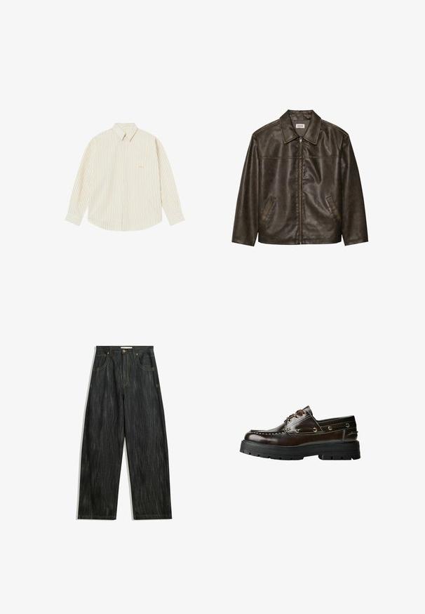 Giacca in pelle marrone con colletto, chiusura a zip e due tasche laterali. Texture liscia con una finitura leggermente invecchiata.; Camicia button-up di colore crema chiaro con sottili righe verticali. Presenta un colletto a punta, maniche lunghe e un piccolo logo ricamato sulla tasca del petto.; T-shirt in cotone marrone con maniche corte, caratterizzata da testo grafico e stelle in colori a contrasto. Taglio dritto con scollatura rotonda.; Jeans in denim scuro con vestibilità ampia, caratterizzati da una sottile texture verticale, cuciture gialle, cinque tasche e una chiusura con bottone classica.; Scarpa da barca in pelle marrone con suola in gomma, dotata di dettagli di cucitura, occhielli metallici e design con lacci. Costruzione robusta e leggera.