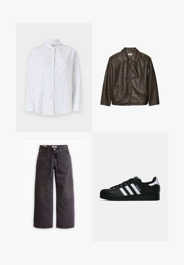 Hnědá kožená bunda s límcem, zipovým zapínáním a dvěma postranními kapsami. Hladký povrch s jemně opotřebovaným vzhledem.; Bílá lněná košile s dlouhými rukávy, zapínáním na knoflíky vpředu a náprsní kapsou na levé straně. Disponuje klasickým límcem a rovnými lemy.; Černé široké džíny z denimu, vybavené stahovacími šňůrkami v pase, pěti kapsami a kontrastním prošíváním. Design s plochým předním dílem.; Černé tenisky Adidas Superstar se bílými pruhy, špičkou ve tvaru skořápky a textem "Superstar" na boku, zobrazené v bočním profilu na bílém pozadí.