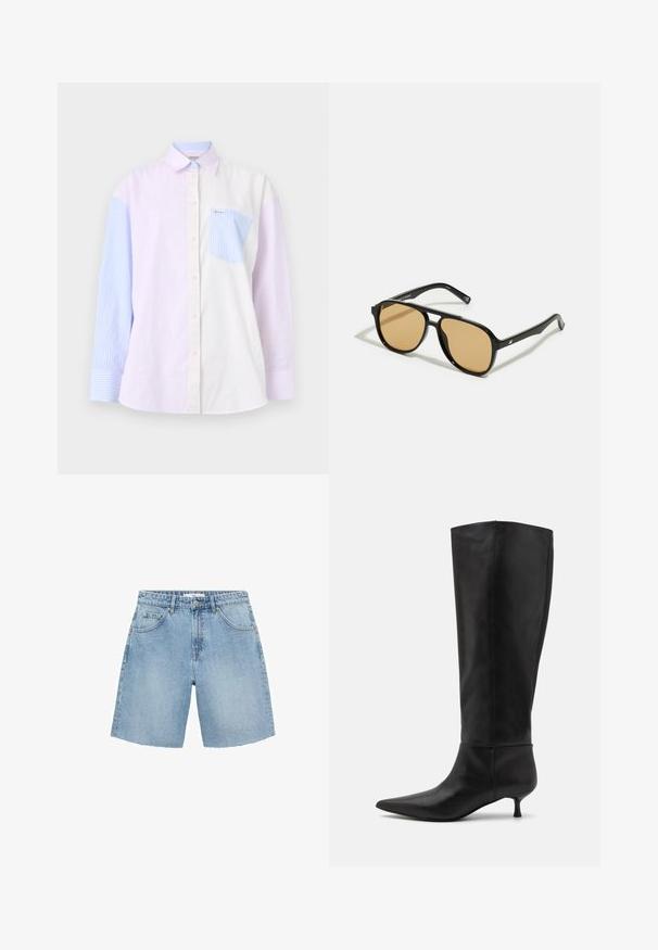 Bruine leren jas met een kraag, ritssluiting en twee zijzakken. Soepele textuur met een licht verouderde afwerking.; Gestreepte shirt met lichtpaarse, blauwe en witte kleurvlakken. Het heeft een knoopsluiting aan de voorkant, een kraag en een borstzak met een blauwe streep.; Witte geribde tanktop met een zwart geborduurd logo in het midden van de borst. De halslijn en armsgaten zijn afgewerkt met een subtiele bies.; Lichtblauwe denimshorts met een hoge taille, twee voorzakken en een rafelige zoom. Heeft een klassiek ontwerp met minimale hardware.; Zwarte leren laarzen tot de knie met een spitse neus en een kittenheel. Gladde textuur en minimalistisch ontwerp zonder zichtbare hardware of accenten.; Zwarte zonnebril met bruin getinte lenzen; rechthoekige vorm met een dikke rand, inclusief subtiele hardware accenten op de veertjes.