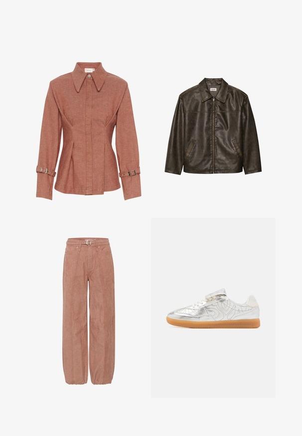 Brown leather jacket with a collar, zip closure, and two side pockets. Smooth texture with a slightly distressed finish.; Rust-colored jacket made of textured fabric with a collar, front buttons, and adjustable straps on the sleeves. Fitted design with seams.; Pink wide-leg trousers featuring a smooth texture, belt loops, button closure, and prominent seam detailing. Cuffs gather at the ankles.; Metallic silver sneaker with a smooth finish, textured accents, and a gum rubber sole. Features laces and a Velcro strap for closure.