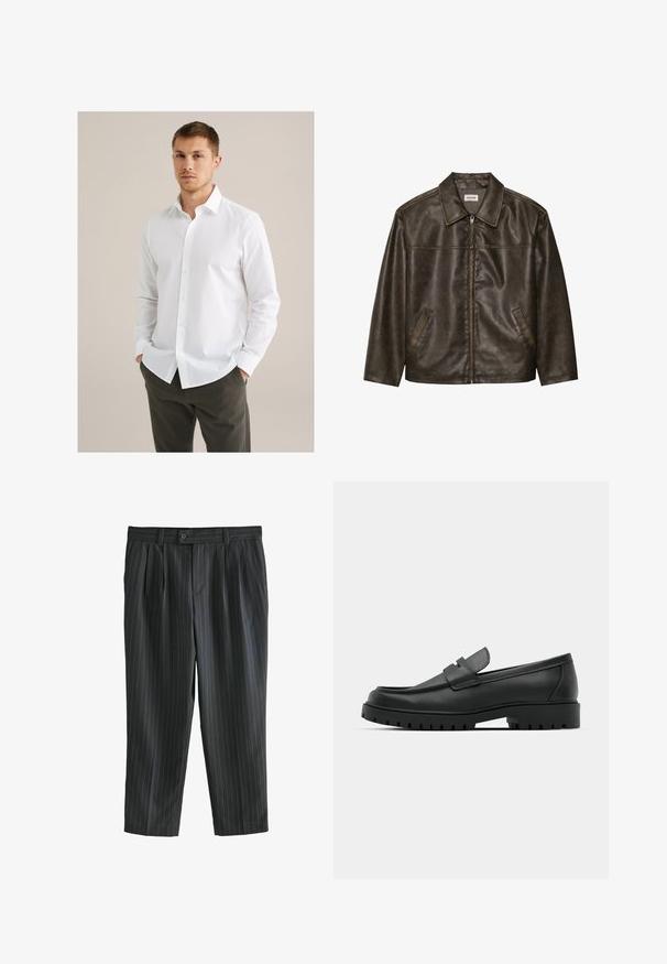 Bruine leren jas met een kraag, ritssluiting en twee zijzakken. Soepele textuur met een licht verouderde afwerking.; Witte overhemded met een klassieke kraag, lange mouwen en een gladde structuur. Draag het met donkergroene broek, handen in de zakken.; Grijze pinstripebroek met een geplooide voorkant, gemaakt van een gladde stof, met een knoopsluiting en rechte pijpen.; Zwarte leren instappers met een ronde neus, voorzien van een gestikt ontwerp, een lage platformzool en een gestructureerde, grof rubberen buitenzool.