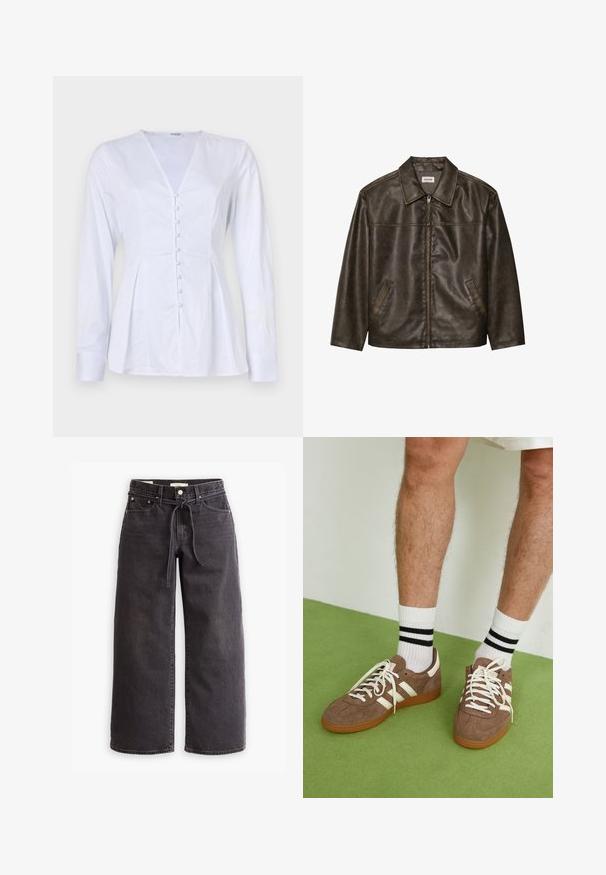 Rjav usnjeni jopič s ovratnikom, zadrgo in dvema stranskima žepoma. Gladka tekstura z rahlo obrabljenim videzom.; Bela dolga bluza z dolgimi rokavi in V-izrezom, ki ima gumbasto zapiranje spredaj ter oprijet kroj, ki se na pasu razširi. Gladek, eleganten material.; Črne široke jeans hlače iz denima, ki imajo pas z vrvico, pet žepov in kontrastne šive. Oblikovanje spredaj je ravno.; Rjavi semiš športni čevlji z belimi detajli in vezalkami. Gumijast podplat. Nošeni z belimi nogavicami z črnimi črtami. Zelena teksturirana talna obloga.