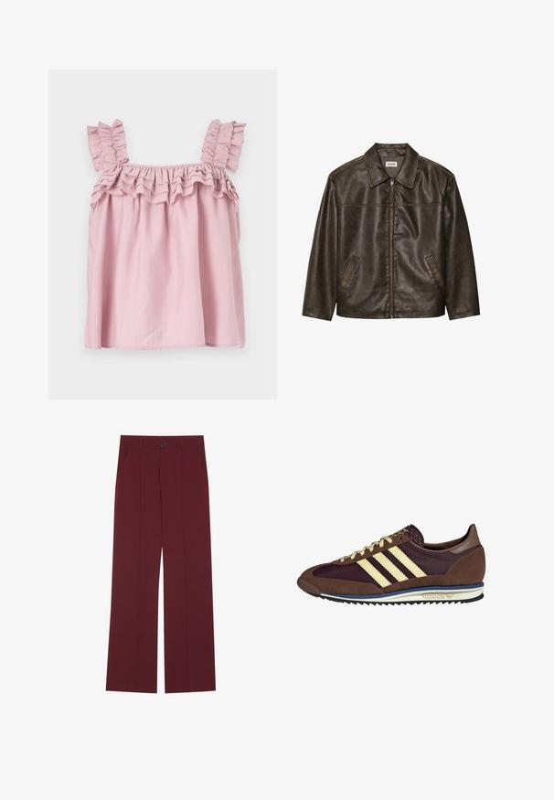 Brun lærjakke med krage, glidelås og to sidelommer. Slippende tekstur med en litt slitt finish.; Rosa ermeløs topp med volanger på skulderstroppene og en samlet halslinje. Laget av lett stoff, med en løs og flytende form.; Burgunderfargede bukser med vid ben-design, med en knaplukking, to sidelommer og frontdetaljer med brett. Glatt stofftekstur.; Brune og burgunder sneakers i semsket og mesh-materiale, med tre kremfargede striper, teksturert stoff på tungen, og en gummisåle.