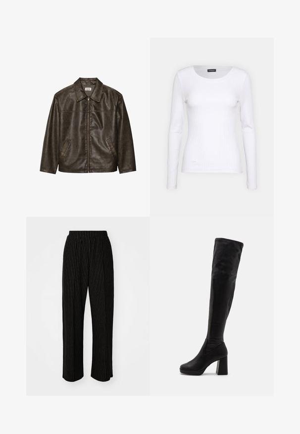 Ruda odinė striukė su apykakle, užtrauktuku ir dviem šoninėmis kišenėmis. Lygus paviršius su šiek tiek nusidėvėjusiu apdaila.; Balta, raukšlėta ilgarankovė palaidinė su apvalia iškirpte. Pagaminta iš elastingos medžiagos, kuri prisitaiko prie kūno. Pasipuošusi subtiliomis horizontaliosiomis linijomis.; Juodi, plačių kojų kelnės su baltomis vertikaliomis juostelėmis, su elastinga juosmens juosta, užtikrinančia komfortą, ir sklandžia, minkšta tekstūra.; Juodos virš kelių aulinės botai, pagaminti iš lygaus odos, su masyviu kvadratiniu kulnu ir priglundančiu dizainu be siūlių.