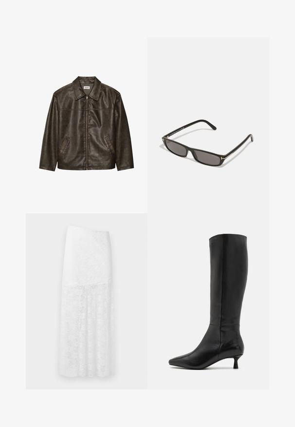 Veste en cuir marron avec un col, fermeture éclair et deux poches latérales. Texture lisse avec une finition légèrement vieillie.; T-shirt noir à manches longues en tissu doux. Présente un col rond large et une coupe ample avec un ourlet droit. Pas de motifs ni d'accents visibles.; Jupe maxi en dentelle blanche avec motif floral, dotée d'une taille ajustée et d'une partie inférieure fluide et semi-transparente. Matériau texturé.; Zign Bottes - black; Lunettes de soleil noires rectangulaires avec des verres sombres. Monture en plastique avec une finition mate. Accents dorés sur les branches et logo de marque.