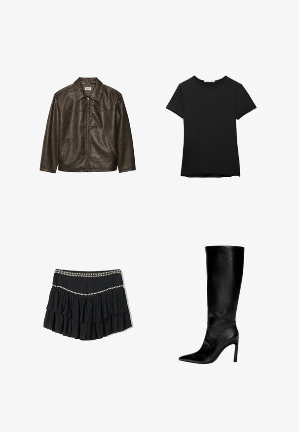 Rjav usnjeni jopič s ovratnikom, zadrgo in dvema stranskima žepoma. Gladka tekstura z rahlo obrabljenim videzom.; Črna kratka majica s kratkimi rokavi, izdelana iz gladkega blaga. Ima okroglo izrez in sproščen kroj z ravnim robom.; Črna nabrana krila z večplastnim dizajnom, ki vključuje okrasno vrstico srebrnih studov ob pasu. Tekstura gub prinaša dimenzionalnost.; Črne usnjene škornje do kolen s koničastim nosom, visokim stiletto peto, gladko obdelavo in preprostim, elegantnim dizajnom brez okraskov.
