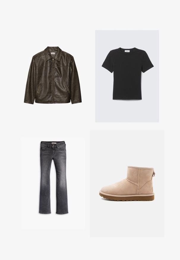 Brown leather jacket with a collar, zip closure, and two side pockets. Smooth texture with a slightly distressed finish.; Black short-sleeve t-shirt made of soft cotton fabric with a round neck and a relaxed fit, featuring a clean design and no visible patterns.; Flared jeans in dark gray denim, featuring a button fly, five pockets, subtle fading, and contrast stitching on the seams.; Beige suede ankle boot with a rounded toe, stitched accents, and a textured brown rubber sole. Features a pull tab on the back.