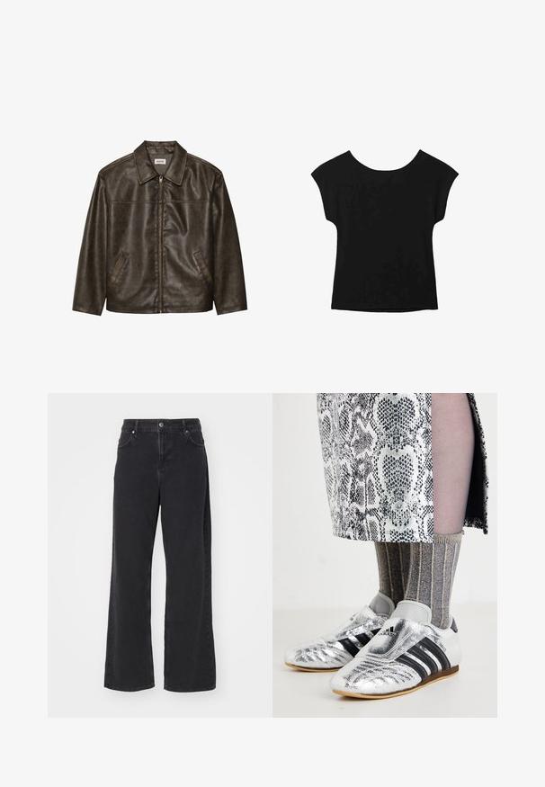 Smeđi kožni jakna s ovratnikom, zatvaranjem na patentni zatvarač i dva bočna džepa. Glatka tekstura s lagano istrošenim završetkom.; Crna majica kratkih rukava širokog izreza i slobodnog kroja. Napravljena od mekog materijala bez vidljivih uzoraka ili ukrasa.; Crne široke traperice od trapera s visokim strukom, pet džepova i patentnim zatvaračem. Glatka tekstura s minimalnim vidljivim šavovima.; Srebrne nogometne cipele s crnim trakama i elegantnim dizajnom, udružene s teksturiranim sivo-zlatnim čarape s rebrastim uzorkom i suknjom s uzorkom.