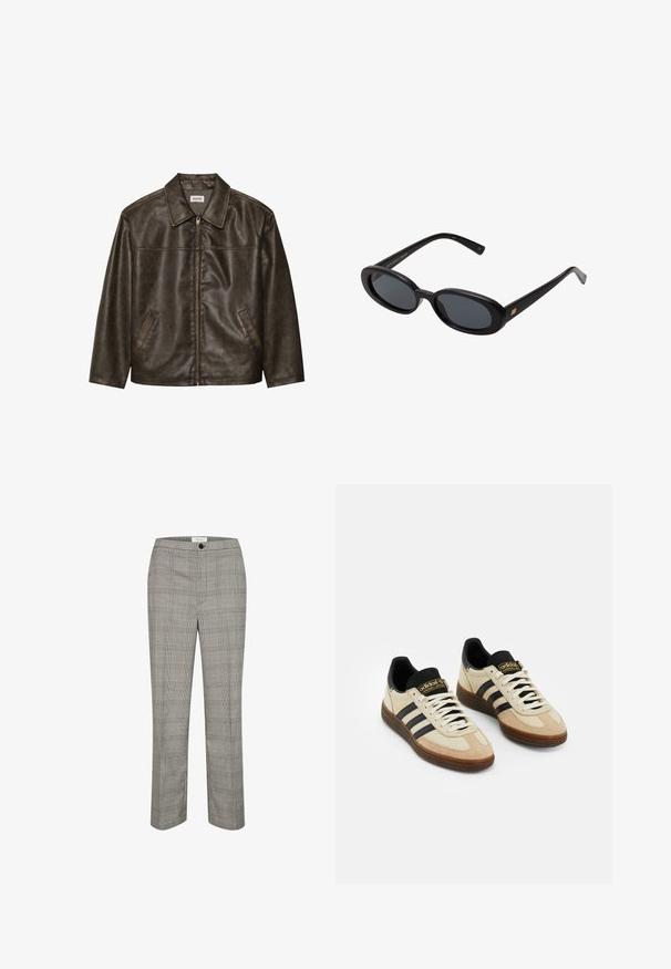 Bruine leren jas met een kraag, ritssluiting en twee zijzakken. Soepele textuur met een licht verouderde afwerking.; Zwarte lange mouwen crew neck shirt met een klein wit label met de tekst "WEEKDAY" binnenin de kraag, weergegeven op een lichte achtergrond.; Grijze geruite broeken met een vlakke voorkant, knoopsluiting en rechte pijpen. De stof heeft een gladde textuur met een klassiek ruitpatroon.; Beige suède sportschoenen met zwarte leren accenten, witte veters en een bruine rubberen zool. Drie zwarte strepen aan elke kant.; Zwarte oversized zonnebril met ovale lenzen, een glad plastic montuur en gouden accenten op de pootjes. Donkere lenzen bieden bescherming tegen de zon.